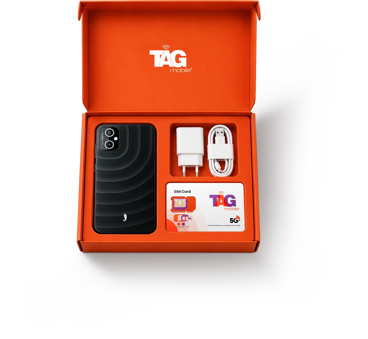 What's in the box from TAG Mobile — free phone, charger, USB cable, and 5G SIM card