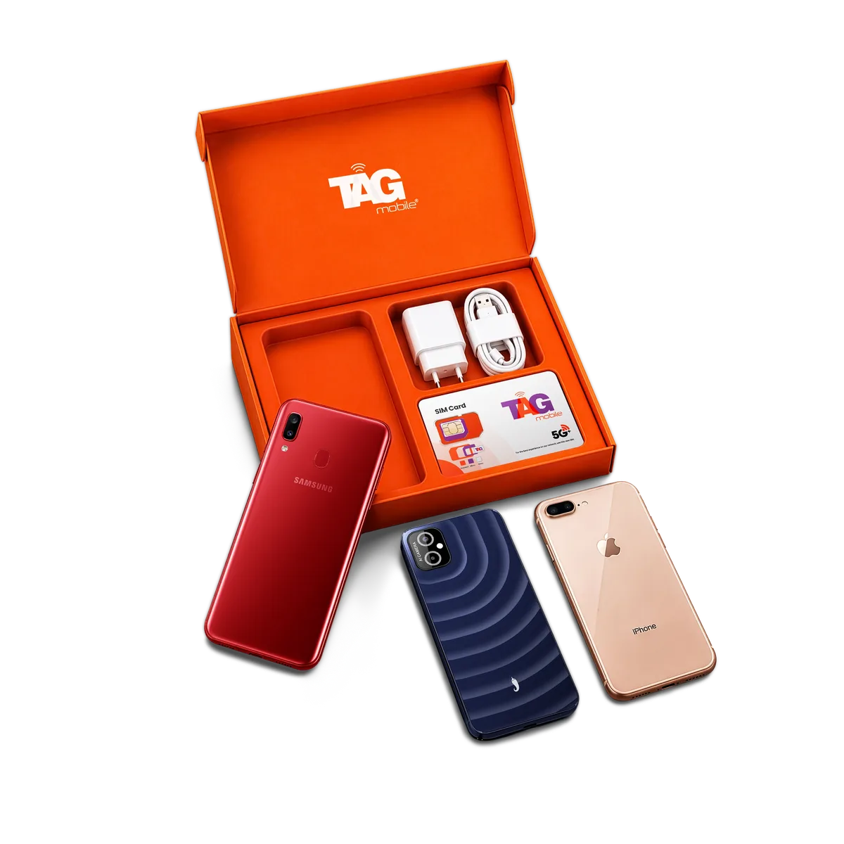 What's in the box from TAG Mobile — free phone, charger, USB cable, and 5G SIM card